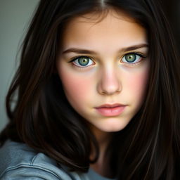 Portrait of a teenage girl with bright green eyes looking straight at the viewer with a neutral expression