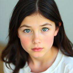 Portrait of a teenage girl with bright green eyes looking straight at the viewer with a neutral expression