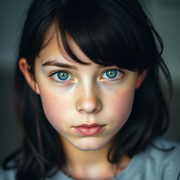 Portrait of a teenage girl with bright green eyes looking straight at the viewer with a neutral expression