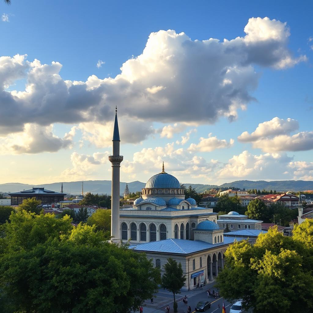 A picturesque view of a mosque in the city of Pristina, Kosovo, with its intricate Islamic architecture, towering minarets, and a sky filled with fluffy clouds