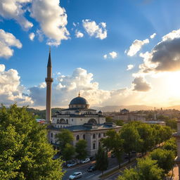 A picturesque view of a mosque in the city of Pristina, Kosovo, with its intricate Islamic architecture, towering minarets, and a sky filled with fluffy clouds