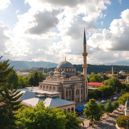 A picturesque view of a mosque in the city of Pristina, Kosovo, with its intricate Islamic architecture, towering minarets, and a sky filled with fluffy clouds