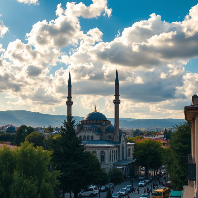 A picturesque view of a mosque in the city of Pristina, Kosovo, with its intricate Islamic architecture, towering minarets, and a sky filled with fluffy clouds