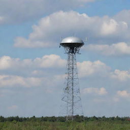 Ukrainian military drone in the sky targeting a large radar tower