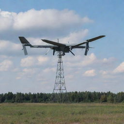 Ukrainian military drone in the sky targeting a large radar tower