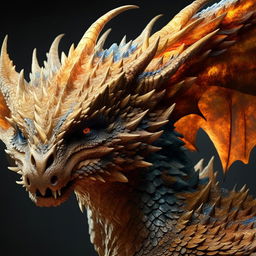 Generate a hyperrealistic image of a mighty, dragon-like creature with vibrant orange scales, gleaming blue eyes, a winged silhouette, and a fiercely flaming tail; evoking a sense of majestic intimidation.