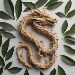 A dragon intricately formed from the leaves of an olive tree intertwined with coffee tree leaves, suggesting a sense of mythical elegance and earthly connection.