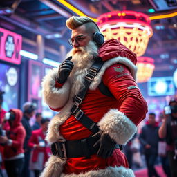 A futuristic Santa Claus blessing a live stream, dressed in stylish, modern clothes with an athletic build