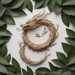 A dragon intricately formed from the leaves of an olive tree intertwined with coffee tree leaves, suggesting a sense of mythical elegance and earthly connection.