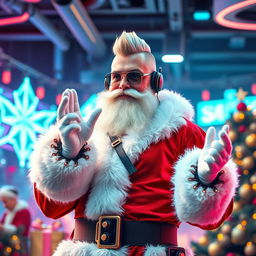 A futuristic Santa Claus blessing a live stream, dressed in stylish, modern clothes with an athletic build