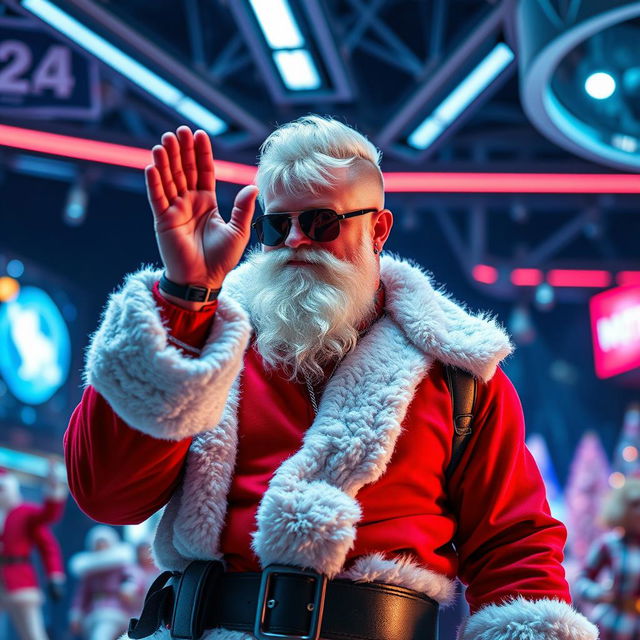 A futuristic Santa Claus blessing a live stream, dressed in stylish, modern clothes with an athletic build