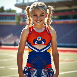 A confident teenage girl with white skin and blonde hair styled in pigtails, proudly wearing a two-piece cheerleader uniform