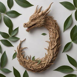 A dragon intricately formed from the leaves of an olive tree intertwined with coffee tree leaves, suggesting a sense of mythical elegance and earthly connection.