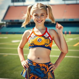 A confident teenage girl with white skin and blonde hair styled in pigtails, proudly wearing a two-piece cheerleader uniform