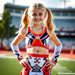 A confident teenage girl with white skin and blonde hair styled in pigtails, proudly wearing a two-piece cheerleader uniform