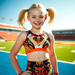 A confident teenage girl with white skin and blonde hair styled in pigtails, proudly wearing a two-piece cheerleader uniform