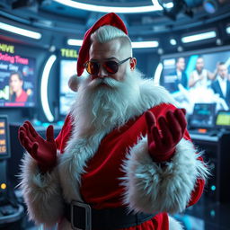 A futuristic version of Santa Claus blessing a live streaming session