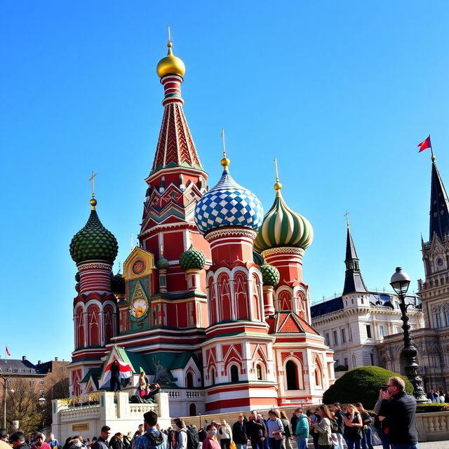 A majestic view of Saint Basil's Cathedral located in Moscow, Russia, showcasing its iconic and colorful onion domes