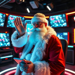 A futuristic version of Santa Claus blessing a live streaming session