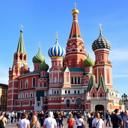 A majestic view of Saint Basil's Cathedral located in Moscow, Russia, showcasing its iconic and colorful onion domes