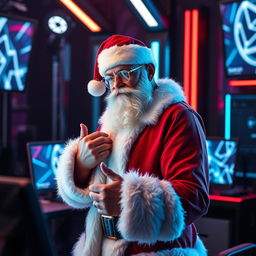 A futuristic version of Santa Claus blessing a live streaming session