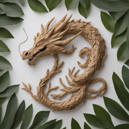 A dragon intricately formed from the leaves of an olive tree intertwined with coffee tree leaves, suggesting a sense of mythical elegance and earthly connection.