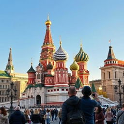 A majestic view of Saint Basil's Cathedral located in Moscow, Russia, showcasing its iconic and colorful onion domes