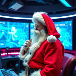 A futuristic version of Santa Claus blessing a live streaming session