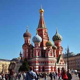 A majestic view of Saint Basil's Cathedral located in Moscow, Russia, showcasing its iconic and colorful onion domes