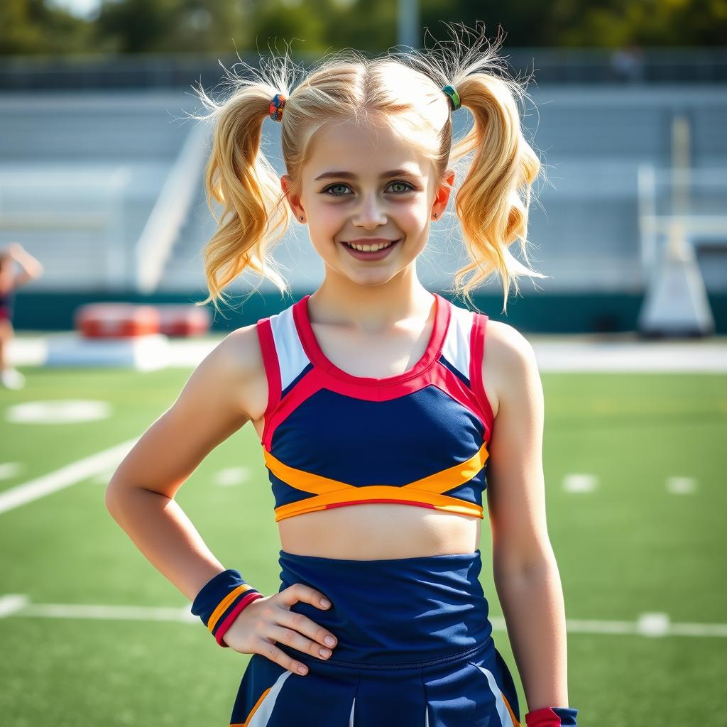 A lively teenage girl with white skin and blonde hair styled in playful pigtails