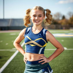 A lively teenage girl with white skin and blonde hair styled in playful pigtails