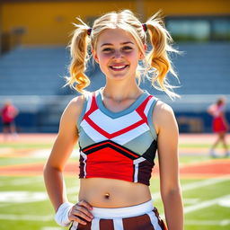 A lively teenage girl with white skin and blonde hair styled in playful pigtails