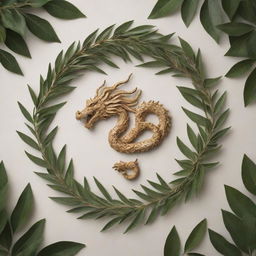 A dragon intricately formed from the leaves of an olive tree intertwined with coffee tree leaves, possessing an artistic gesture of the unlikely fusion.