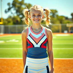 A lively teenage girl with white skin and blonde hair styled in playful pigtails