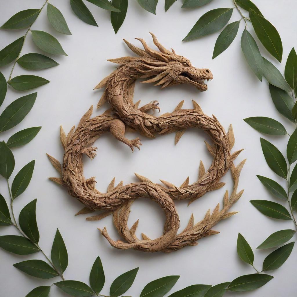 A dragon intricately formed from the leaves of an olive tree intertwined with coffee tree leaves, possessing an artistic gesture of the unlikely fusion.