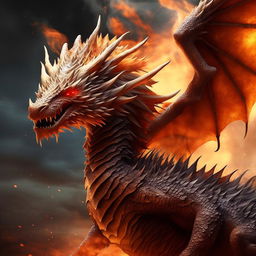 Generate a hyperrealistic image of a mighty, dragon-like creature with vibrant orange scales, gleaming blue eyes, a winged silhouette, and a fiercely flaming tail; evoking a sense of majestic intimidation.