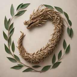 A dragon intricately formed from the leaves of an olive tree intertwined with coffee tree leaves, possessing an artistic gesture of the unlikely fusion.