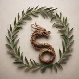 A dragon intricately formed from the leaves of an olive tree intertwined with coffee tree leaves, possessing an artistic gesture of the unlikely fusion.