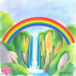 A vibrant rainbow arching gracefully over a majestic waterfall, capturing the beauty and wonder of nature in watercolor