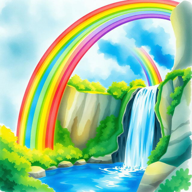 A vibrant rainbow arching gracefully over a majestic waterfall, capturing the beauty and wonder of nature in watercolor