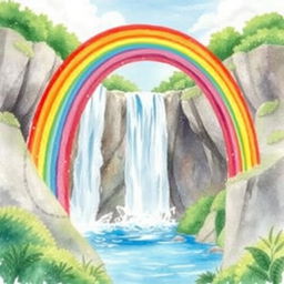 A vibrant rainbow arching gracefully over a majestic waterfall, capturing the beauty and wonder of nature in watercolor