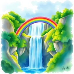 A vibrant rainbow arching gracefully over a majestic waterfall, capturing the beauty and wonder of nature in watercolor