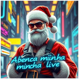 A futuristic Santa Claus poster showcasing a slim Santa with trendy, avant-garde clothing