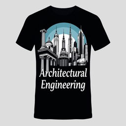 A black t-shirt with an architectural design theme, featuring elements of both traditional and futuristic architecture