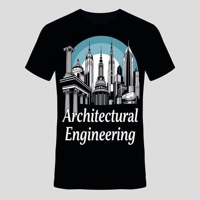 A black t-shirt with an architectural design theme, featuring elements of both traditional and futuristic architecture