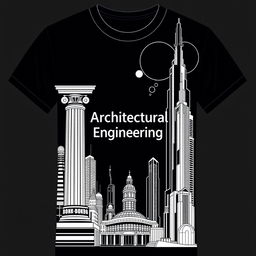 A black t-shirt with an architectural design theme, featuring elements of both traditional and futuristic architecture