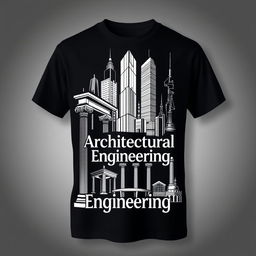 A black t-shirt with an architectural design theme, featuring elements of both traditional and futuristic architecture