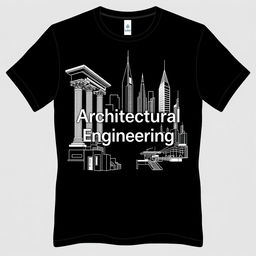 A black t-shirt with an architectural design theme, featuring elements of both traditional and futuristic architecture