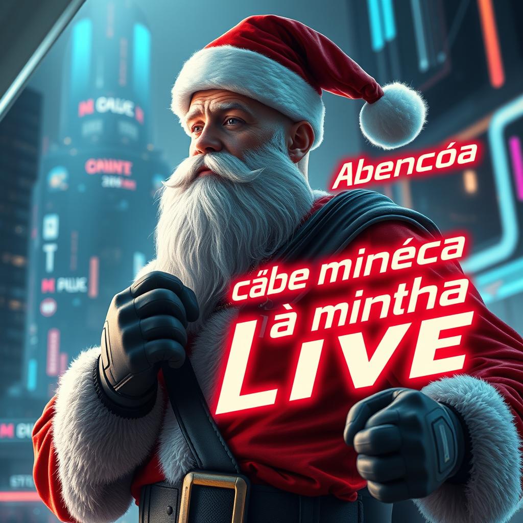 A futuristic Santa Claus poster depicting a slim, modern Santa with trendy, cutting-edge clothing, distinctly different from traditional Santa outfits