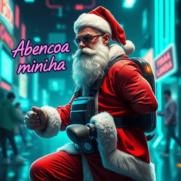 A futuristic Santa Claus poster depicting a slim, modern Santa with trendy, cutting-edge clothing, distinctly different from traditional Santa outfits